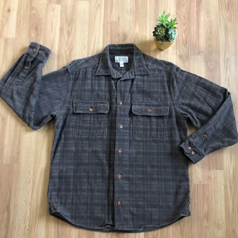 Ryan Michael Shirt Plaid Men's Button-Up Brown Textured  Mens SZ MED Silk/Cotton